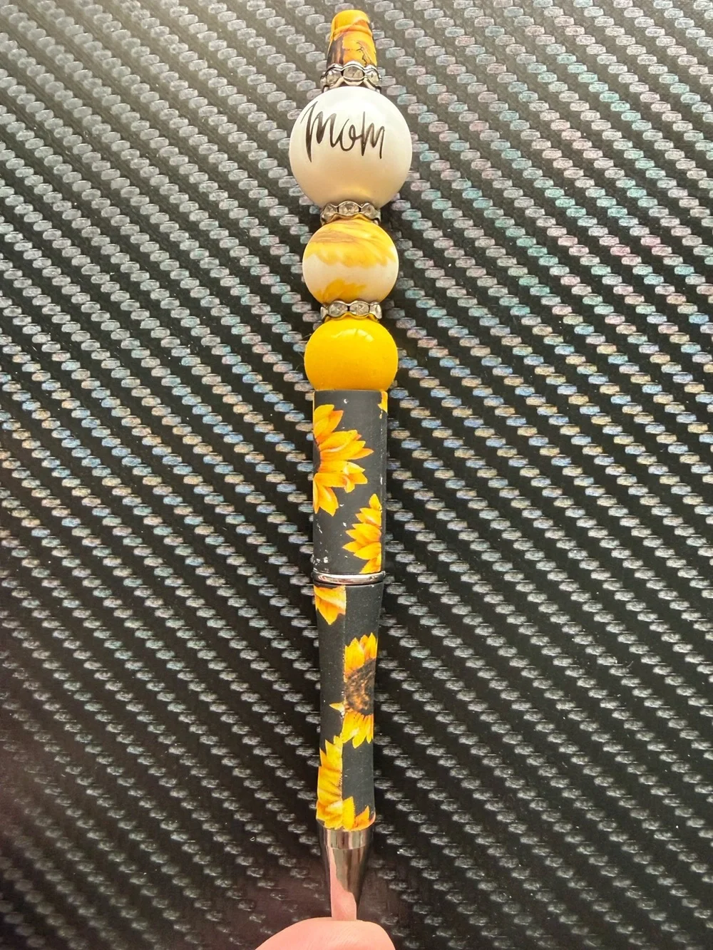 Sunflower Beaded 'Mom' Pen - Yellow & Black